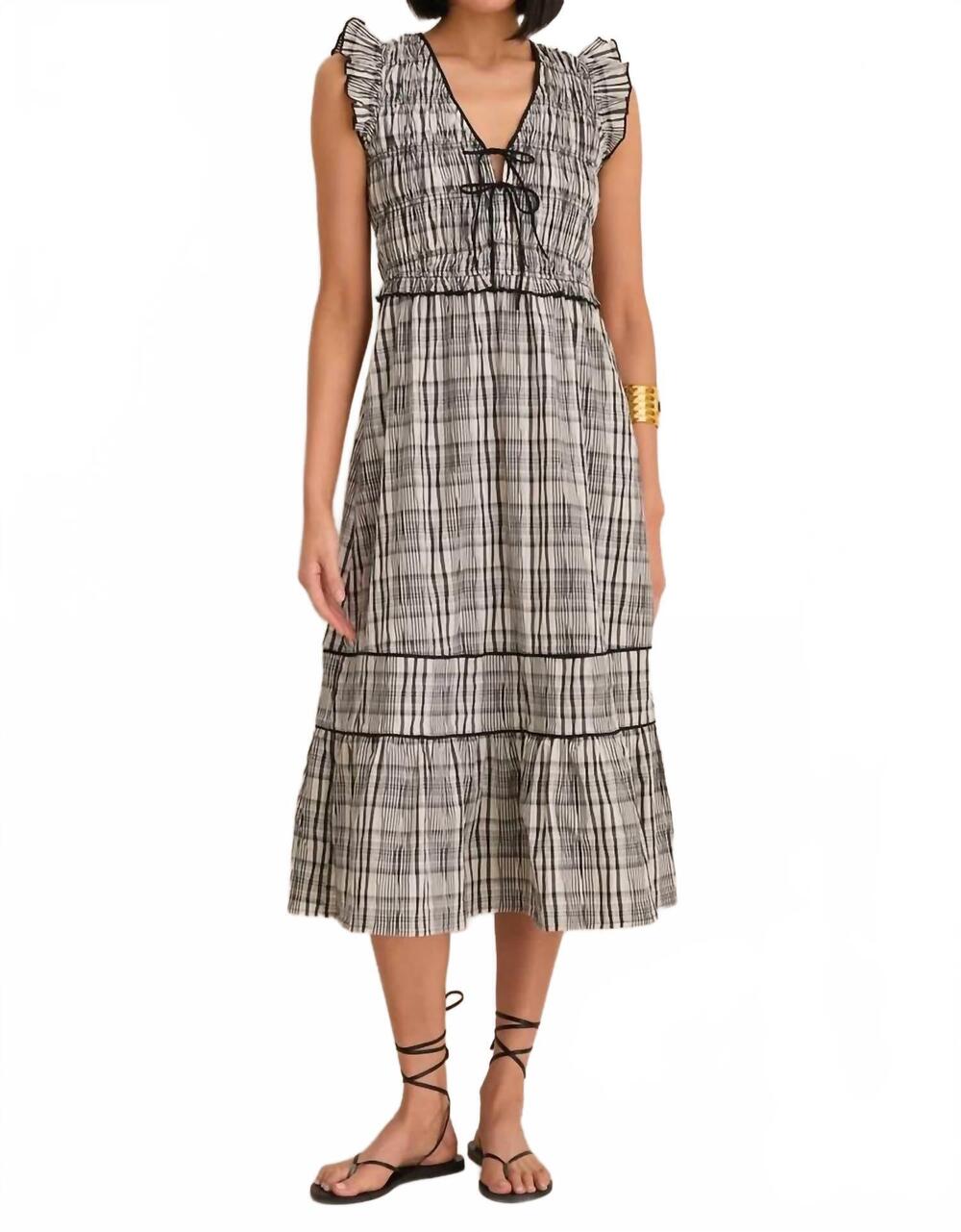 NEW GREYLIN lacey smocked tie front midi dress in black / ivory